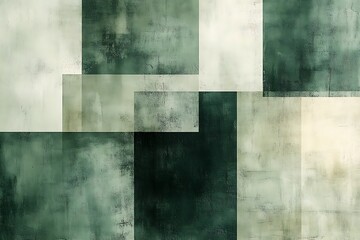 Abstract composition of overlapping textured squares in muted greens and creams.
