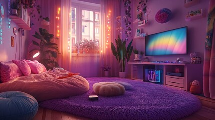 Cozy bedroom, gaming setup, plants, window view, evening relaxation