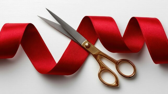 A pair of gold scissors poised to cut a vibrant red ribbon, symbolizing a grand opening or celebration on a white surface.