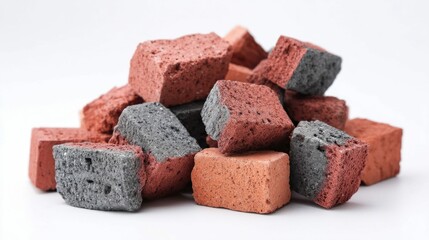A close-up shot of small, reddish-brown bricks, some with gray edges, piled on a white surface.