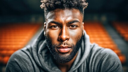 A close-up shot captures a focused, determined black man in a gray hoodie, sweat glistening on his skin. The stadium seating provides a warm background.