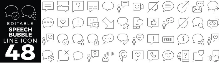 Speech Bubble & Dialogue Icon Set in Outline Style: Includes Chat, Communication, Comment, Cloud, and Message Elements. Editable Stroke.