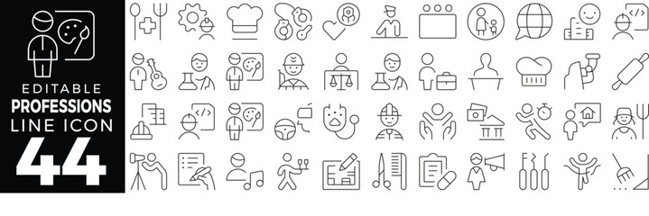 Profession & Job set of web icons in line style. Collection includes doctor, detective, chef, driver, engineer, firefighter, scientist, programmer, journalist, manager, nurse, plumber and more.