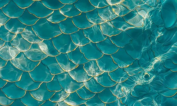 Close-up of shimmering turquoise fish scales reflecting light, creating a mesmerizing pattern