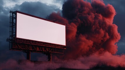 Empty billboard, dramatic clouds, red smoke, advertising backdrop
