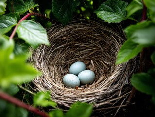 Obraz premium Close up of blackbird nest with three light blue eggs in dense green foliage