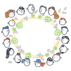 クローバーの輪と日本人と外国人　横顔　グローバルシリーズ　ストックイラスト素材
