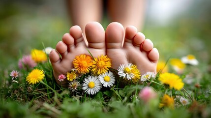 Bare feet rest gently in vibrant green grass, adorned with colorful wildflowers, creating a serene natural scene. The close-up highlights the joy of summer.