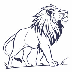 Elegant Lion Illustration Standing Tall On Grass With Majestic Mane And Bold Outline Style For Wildlife Designs