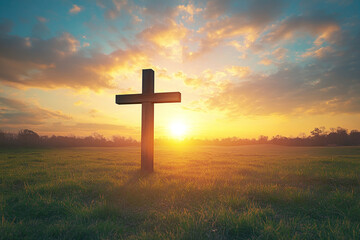 Wooden Easter cross silhouetted at sunrise in grassy field, sun rays creating halo glow, vibrant and spiritual springtime religious landscape - obrazy, fototapety, plakaty