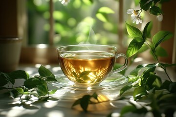 Caffeine Free Rooibos Tea in a Transparent Glass Cup on Textured Surface Surrounded by Green Leaves