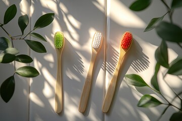 Two Colorful Toothbrushes and Towel in Minimalist Bathroom for Daily Dental Care and Lifestyle