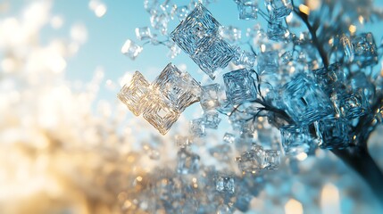 Surreal Tree with Floating Glass Cubes, A surreal tree with branches made of floating glass cubes against a blue sky