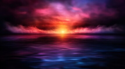 Obraz premium Dramatic sunset over a still ocean, colorful clouds reflecting on water