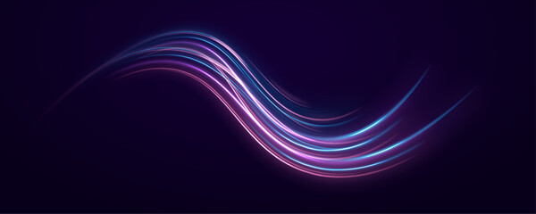 Abstract neon stripes curve and twist in a high-speed spiral, glowing vibrantly on a black background. The design captures acceleration and flow of energy. Use for tech or science illustrations.