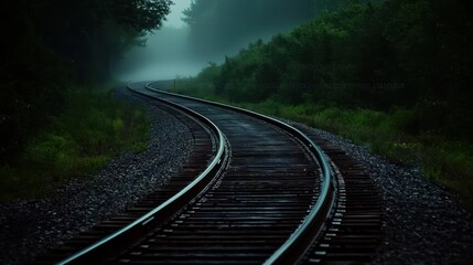 Obraz premium Misty forest railway tracks curve through the woods