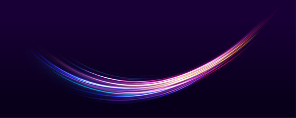 Fototapeta premium Luminous bright background. High speed effect motion blur night lights blue and red. Magic shining neon light line trails. Purple glowing wave swirl, impulse cable lines. Long time exposure. Vector