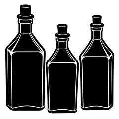 Three Black Glass Bottles With Stopper Vector Illustration Isolated On White Background Ideal For Perfume Oils And Other Liquids