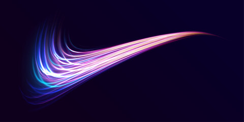 High speed effect motion blur night lights blue and red. Futuristic neon light line trails. bright sparkling background. Purple glowing wave swirl, impulse cable lines. Long time exposure. Vector	