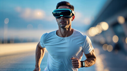 Focused runner wearing a vr headset, embodying future fitness in an urban landscape during the day.