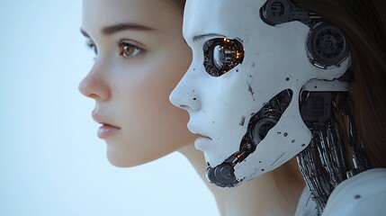 Human and robot faces juxtaposed in a conceptual image.