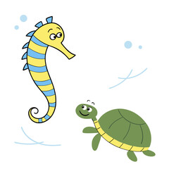 Obraz premium Cartoon seahorse and turtle swimming together in a playful scene 