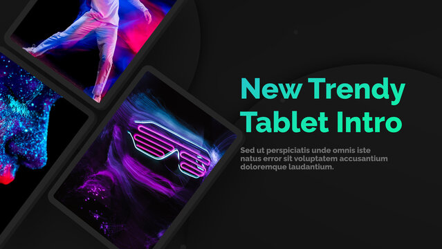 Dynamic Trendy Tablet Promo template contains 15 placeholders and 18 editable text layers and 1 logo. Available in 4K.