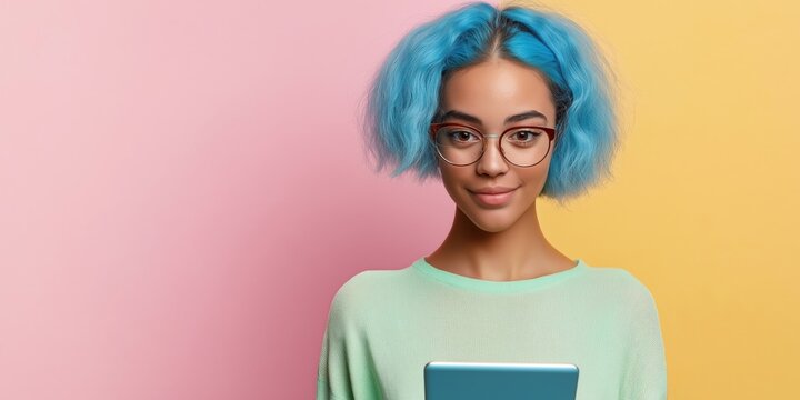 A woman with blue hair and glasses is holding a tablet. She is smiling and looking at the camera