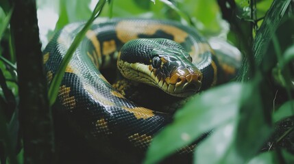 Obraz premium Jungle snake coiled in vegetation