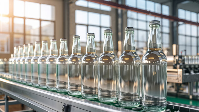 Glass bottles move down a conveyor belt, ready for filling at a beverage factory.