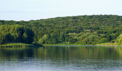 Calm river flowing gently through woodland landscape.