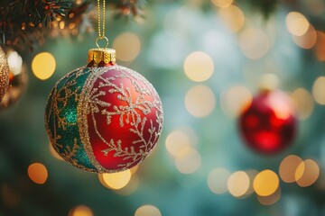 Fototapeta premium Christmas Ornament Background. Festive Balls Hanging Against Blurred Holiday Backdrop