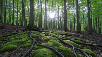 Sunlit forest, exposed roots, mossy ground, peaceful scene, nature background