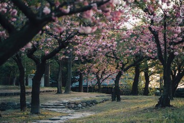 Naklejka premium Cherry blossom pathway park nature photography tranquil environment serene viewpoint seasonal beauty