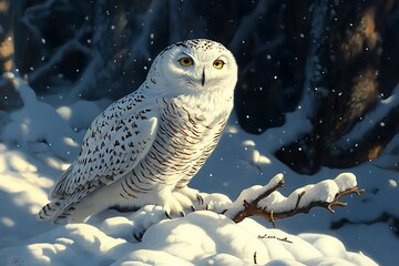 Snowy owl perched on a snow-covered branch in a winter forest.