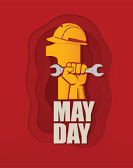 Paper Cut Style May Day Poster with Hard Hat and Wrench