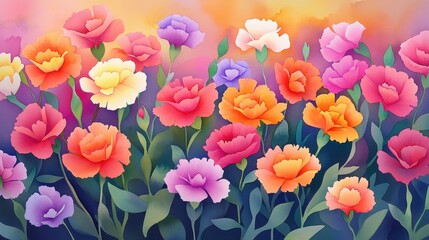 Detailed watercolor of clustered carnations, layers of ruffled petals in warm hues with green stems, dense composition 