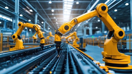 Factory setting with AI-powered robotic arms and smart conveyor belts representing automation and business innovation