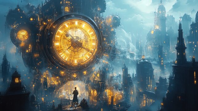 A surreal depiction of a giant clock being repaired by glowing, intricate machinery