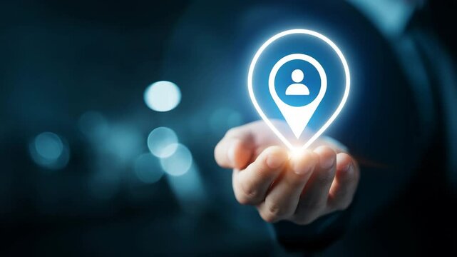 Hand Holds Glowing Digital Icon Representing Location and User Connectivity, Symbolizing Modern Technology and Networking with Futuristic and Innovative Feel