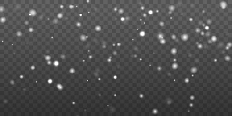 Differents realistic falling snow or snowflakes. Isolated on transparent background. Magic shining white dust. Fine, shiny dust particles fall off slightly. Snow flakes, snow background. 