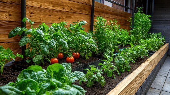 Fresh vegetable garden with tomatoes and spinach, surrounded by repurposed planters, side lighting enhances detai
