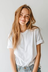 Charming young woman smiling in casual attire radiating natural beauty and warmth, ideal for use in lifestyle and fashion photography.