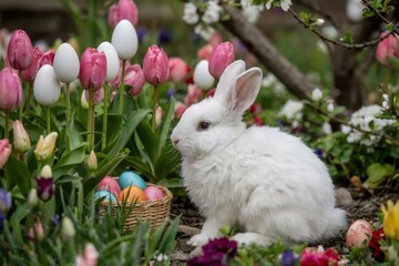 Easter celebration with a white bunny and colorful eggs in a flower garden spring season nature photography close-up view