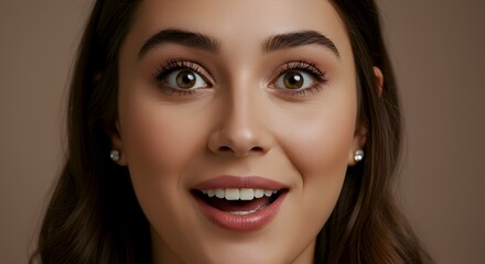 Close-up portrait of a beautiful young woman with a joyful expression and perfect makeup