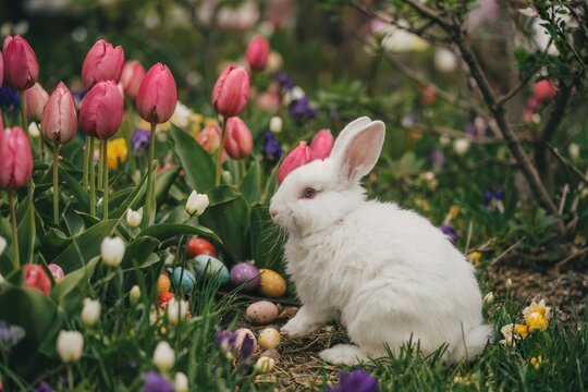 Playful white rabbit among colorful tulips spring garden nature scene vibrant flowers close-up easter concept