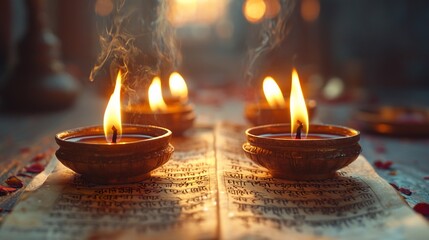 Glowing oil lamps on an ancient text, emitting smoke and soft light, creating a serene atmosphere