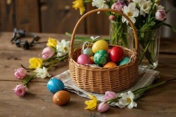 Easter egg hunt celebration home decorative photography cozy indoor setting close-up view festive atmosphere
