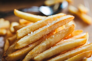 Delicious golden french fries fast food restaurant food photography indoor setting close-up view culinary delight