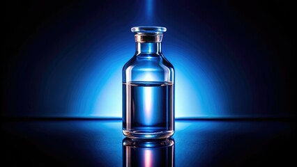 Clean silhouette of a chemical glass vial filled with acetone (CHâ‚ƒCOCHâ‚ƒ),  captured in dark background product photography.